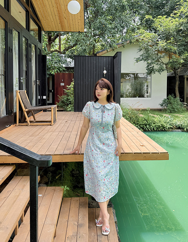 大きいサイズ レディース ドールカラーリボン小花柄プリント刺繍ワンピース LL 3L 4L 5L