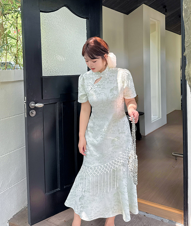 大きいサイズ レディース ジャガードフィッシュテールチャイナ風ワンピース LL 3L 4L 5L
