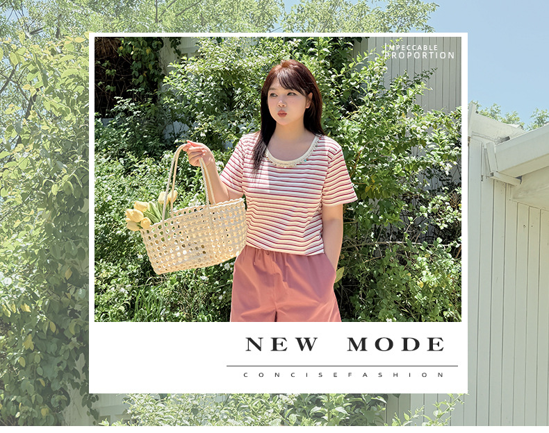 大きいサイズ レディース クルーネックストーン飾りストライプ半袖Tシャツ LL 3L 4L 5L