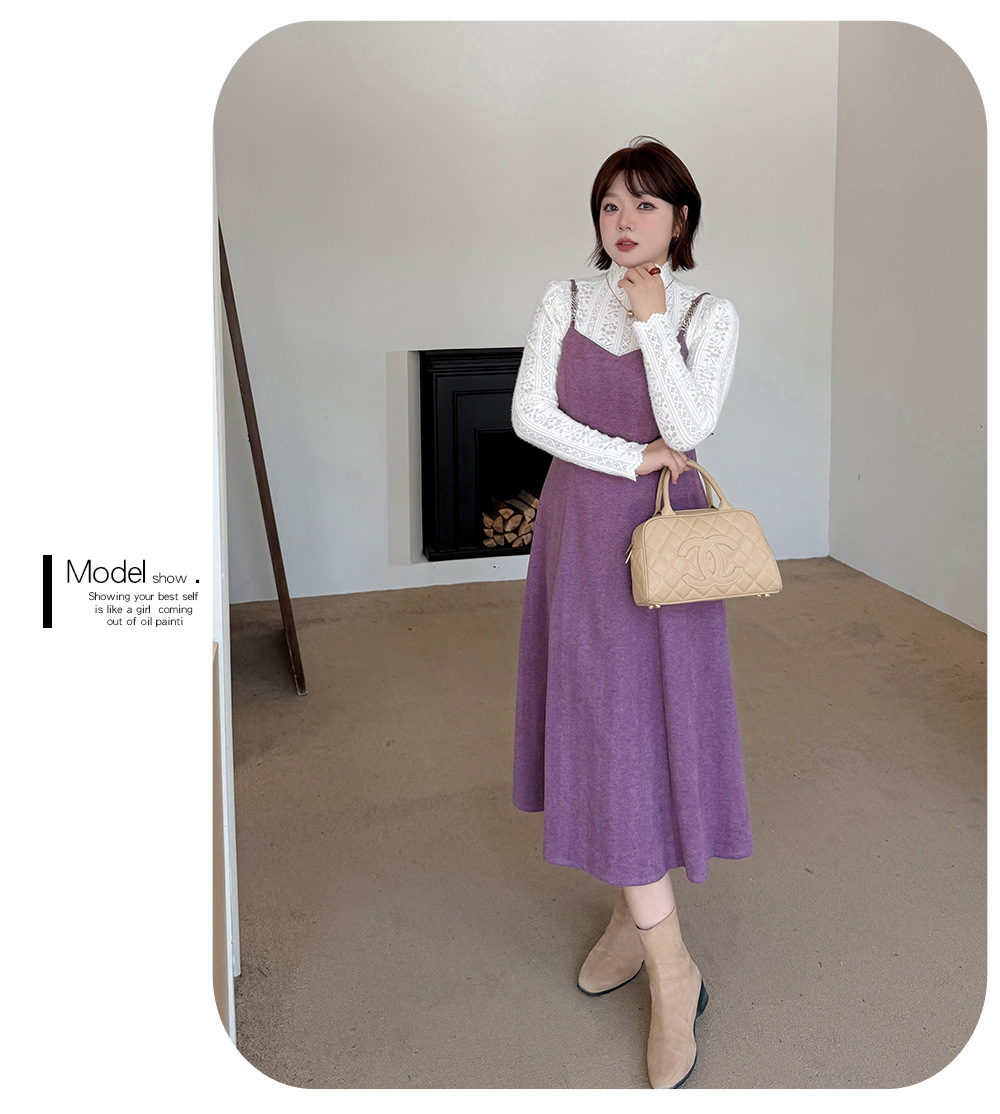 大きいサイズ レディース ツーピースセット(レーストップス+スリップワンピース) LL 3L 4L 5L