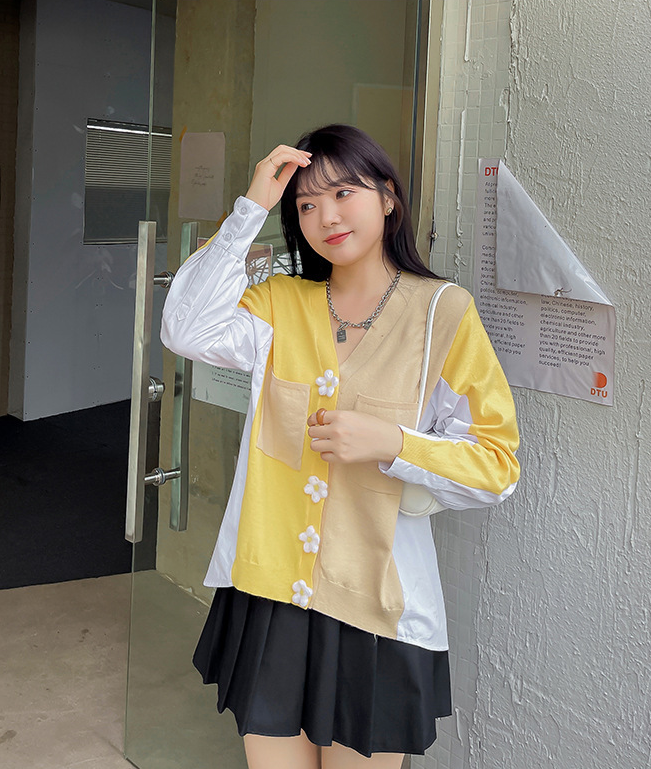大きいサイズ レディース Vネックフラワーボタンカラーブロックカーディガン LL 3L 4L 5L