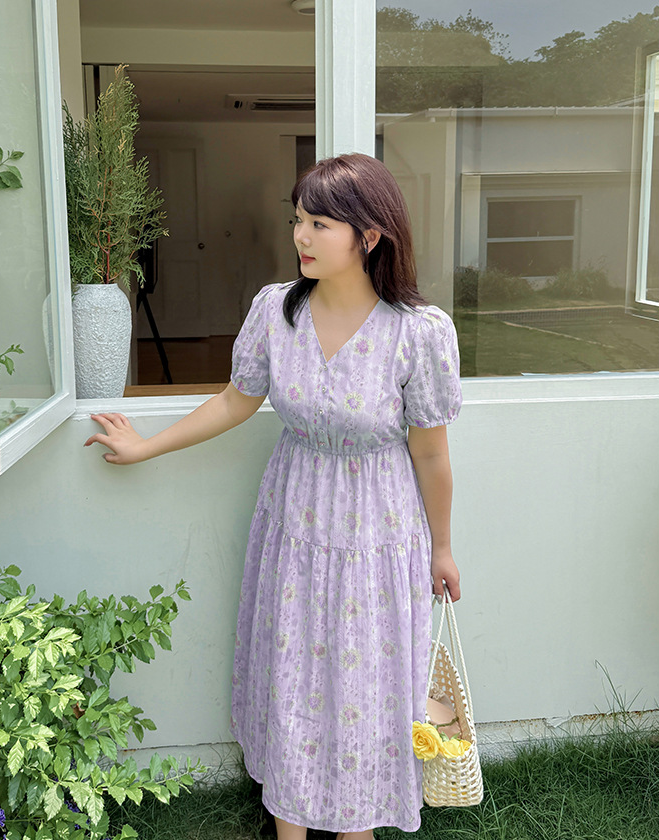 大きいサイズ レディース Vネック花柄ジャカードロングワンピース LL 3L 4L 5L