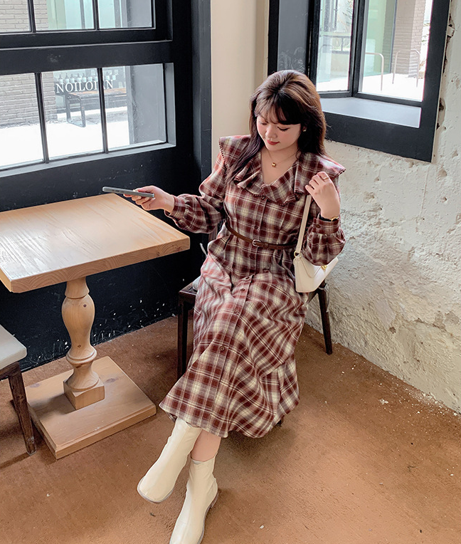 大きいサイズ レディース ラペルチェック柄ボタンダウンベルト付きワンピース LL 3L 4L 5L