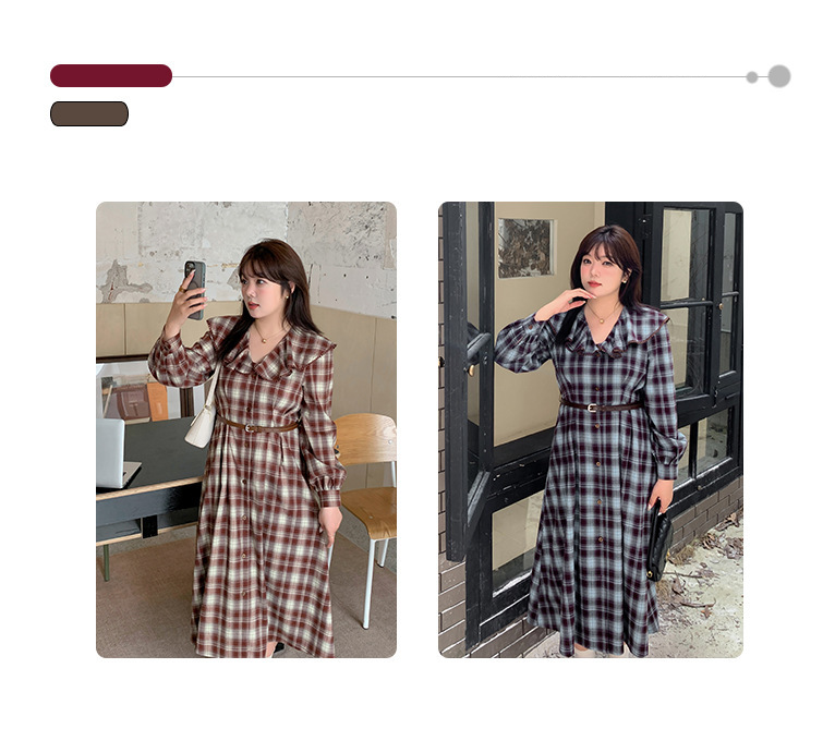 大きいサイズ レディース ラペルチェック柄ボタンダウンベルト付きワンピース LL 3L 4L 5L