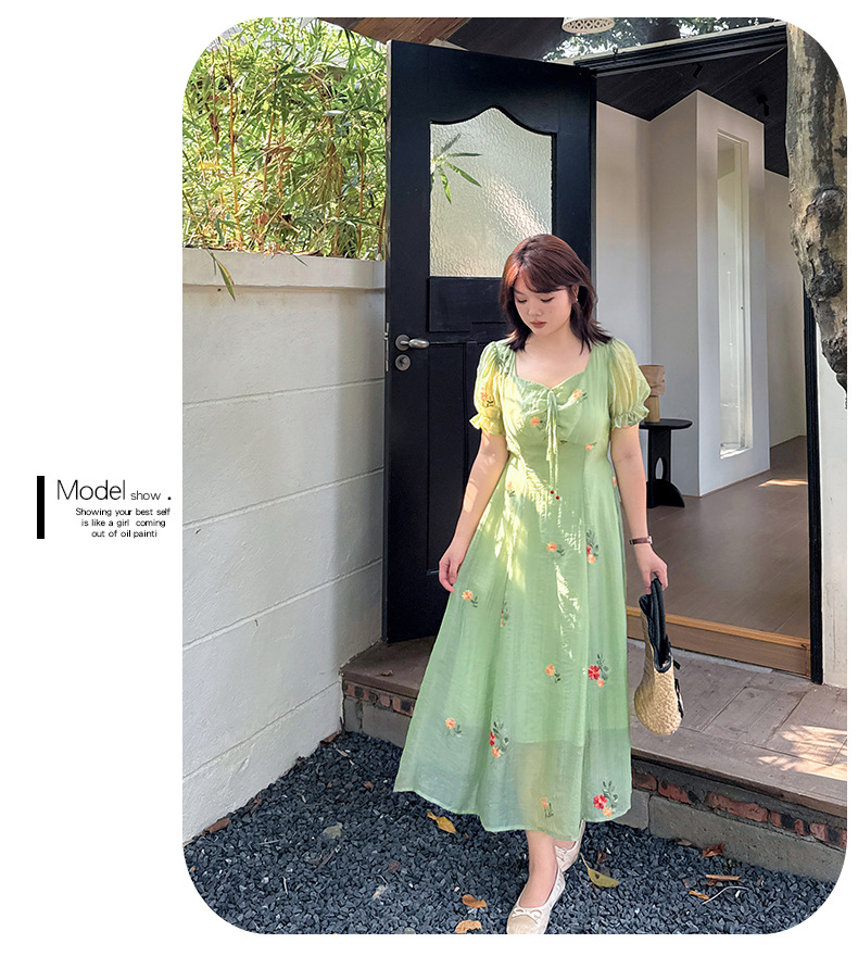 大きいサイズ レディース リボンスクエアネック花柄刺繍ワンピース LL 3L 4L 5L