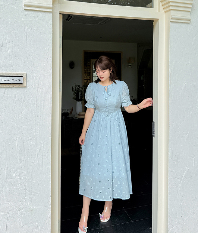 大きいサイズ レディース リボン花柄中空刺繍コットンフレンチワンピース LL 3L 4L 5L
