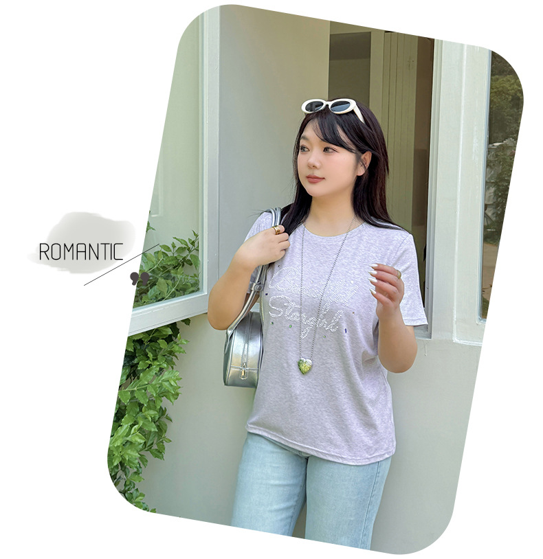 大きいサイズ レディース ビーズロゴ半袖カジュアルTシャツ LL 3L 4L 5L