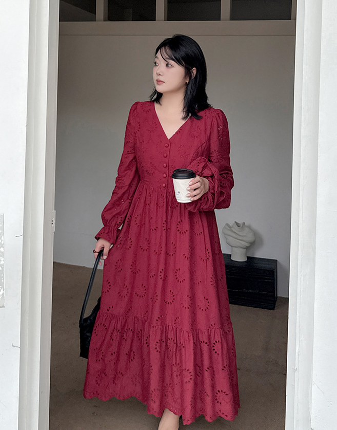 大きいサイズ レディース シュシュ付きVネック中空刺繍コットンロングワンピースLL 3L 4L 5L