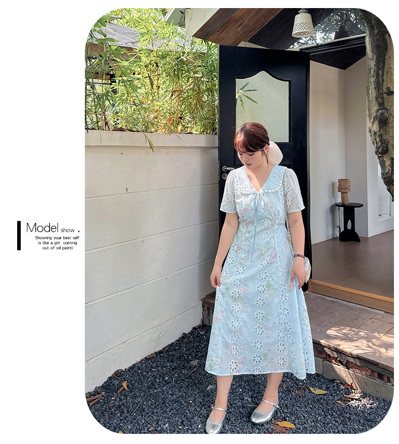 大きいサイズ レディース リボントリムレースラペルフラワー中空刺繍プリントワンピース LL 3L 4L 5L