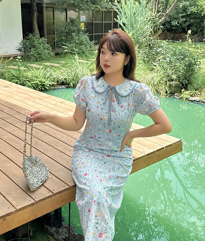 大きいサイズ レディース ドールカラーリボン小花柄プリント刺繍ワンピース LL 3L 4L 5L