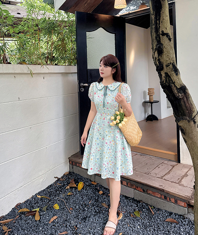 大きいサイズ レディース ドールカラーリボン小花柄プリント刺繍ミニワンピース LL 3L 4L 5L
