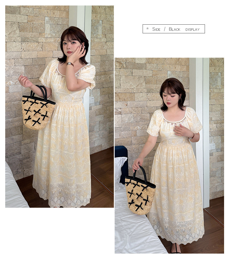 大きいサイズ レディース 貝殻型飾り付きスクエアネック花柄刺繍レースワンピース LL 3L 4L 5L