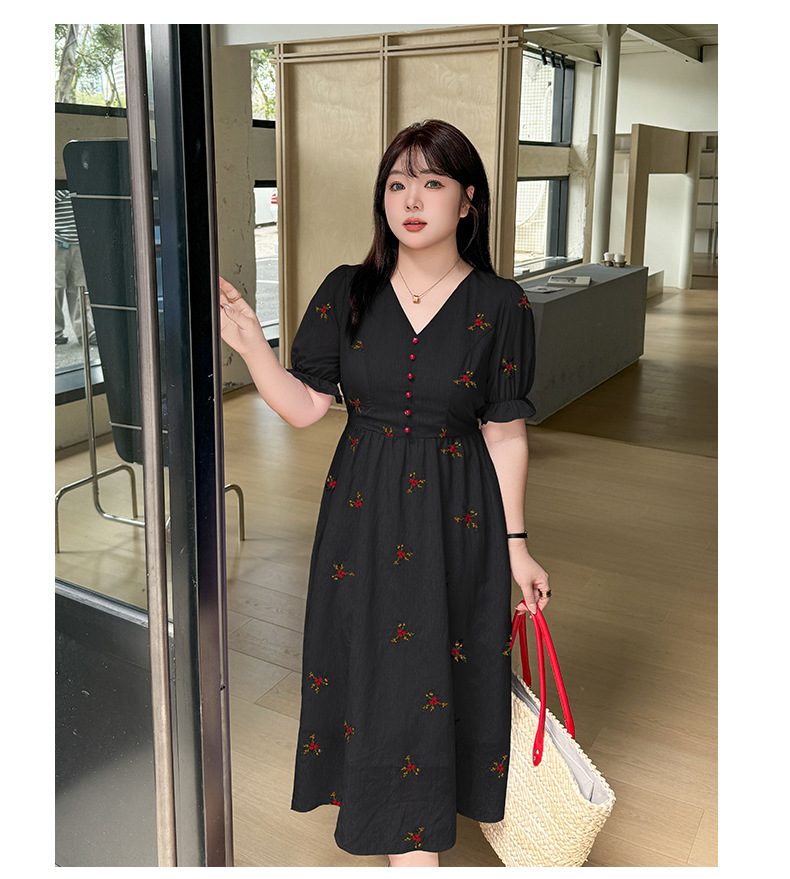 大きいサイズ レディース Vネック刺繍入りリボン花柄ワンピース LL 3L 4L 5L