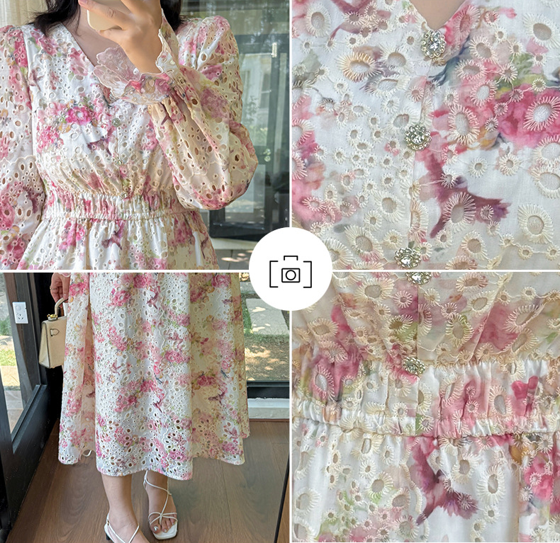 大きいサイズ レディース Vネック中空刺繍プリントフリルワンピース LL 3L 4L 5L