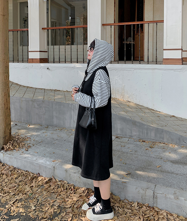 大きいサイズ レディース ストライプパーカー+サスペンダーワンピース2点セット  LL 3L 4L 5L