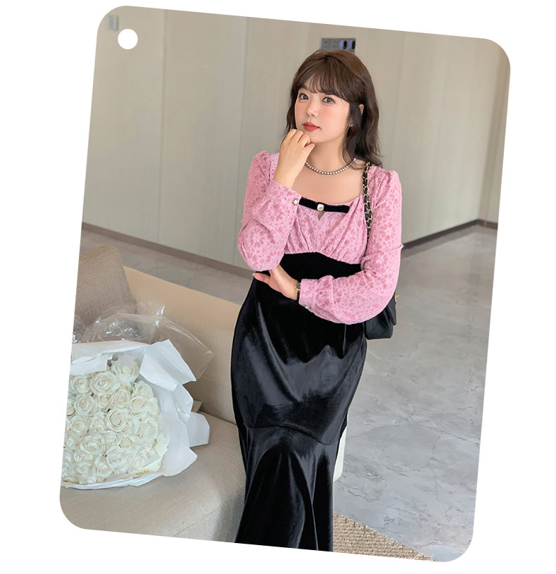 大きいサイズ レディース ヴィンテージ調レース切り替えベロアワンピース LL 3L 4L 5L