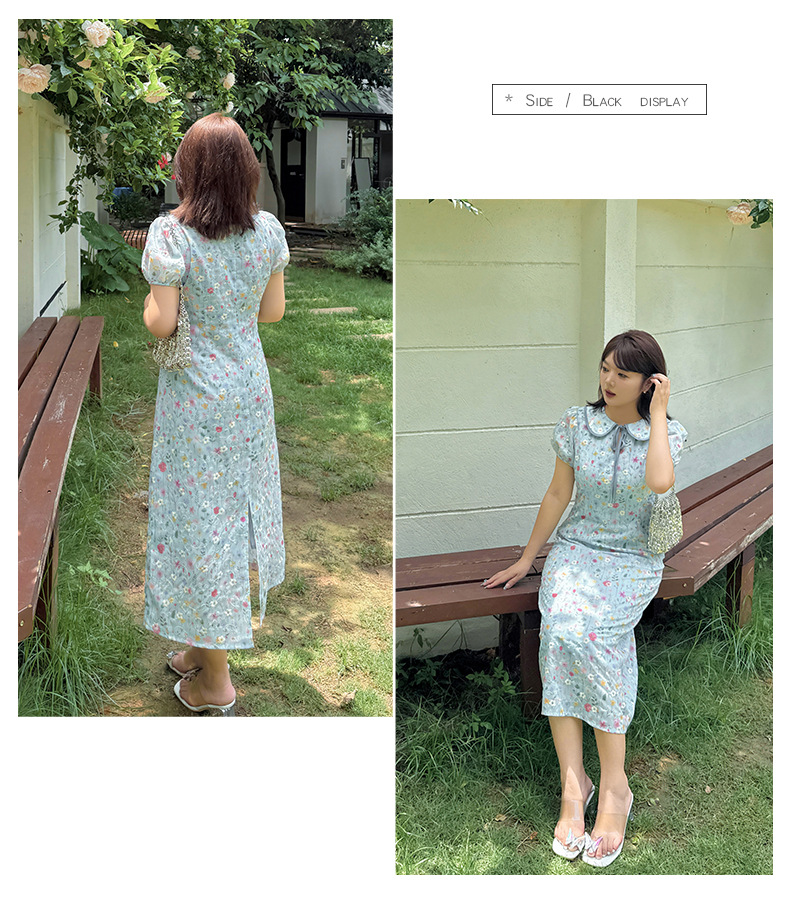 大きいサイズ レディース ドールカラーリボン小花柄プリント刺繍ワンピース LL 3L 4L 5L