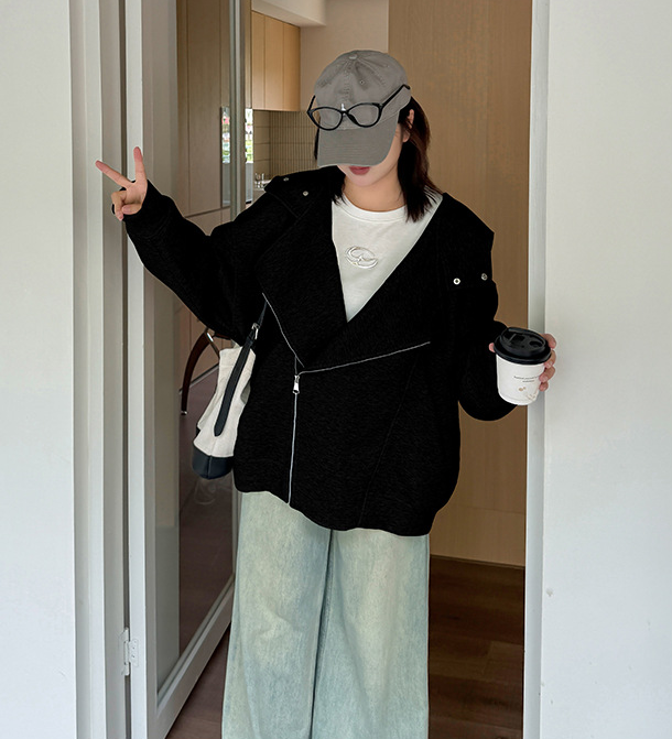 大きいサイズ レディース フード付きライダー風アシンメトリー厚手レイヤージャケット 3L 4L 5L