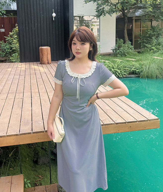 大きいサイズ レディース リボンレースフリルスリムフィットウエストフレンチワンピース LL 3L 4L 5L