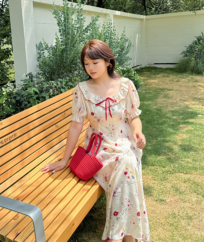 大きいサイズ レディース リボンフリル花柄プリントバブルスリーブワンピース LL 3L 4L 5L
