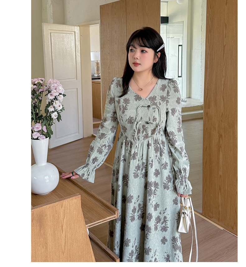 大きいサイズ レディース Vネック花柄プリントチャイナ風レトロワンピース LL 3L 4L 5L