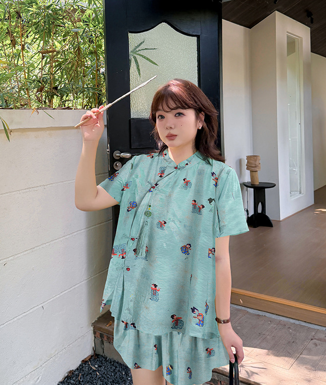 大きいサイズ レディース タッセルリボンチャイナ風プリントセットアップ(トップス&ショートパンツ) LL 3L 4L 5L