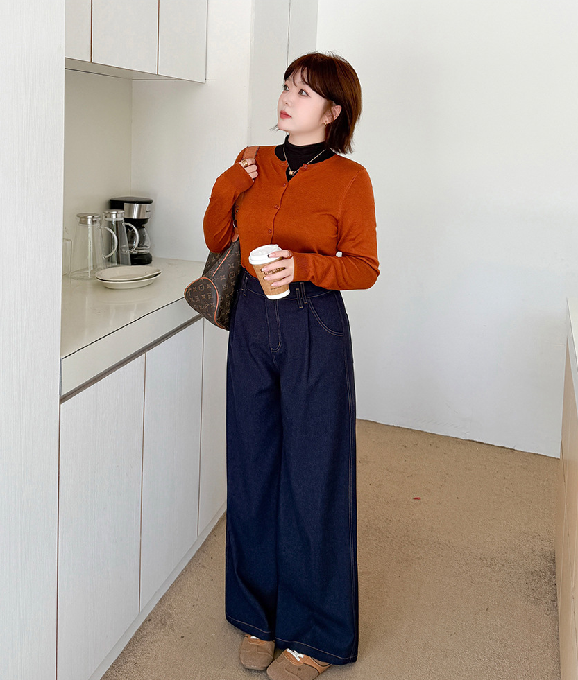 大きいサイズ レディース デニム風プリーツストレートワイドレッグパンツ LL 3L 4L 5L