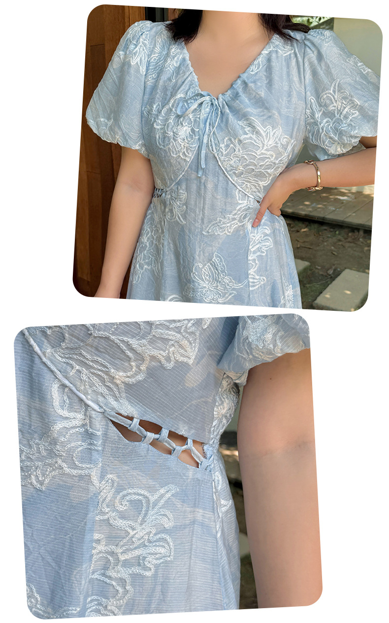 大きいサイズ レディース リボン透かし彫りバタフライ刺繍プリントワンピース LL 3L 4L 5L