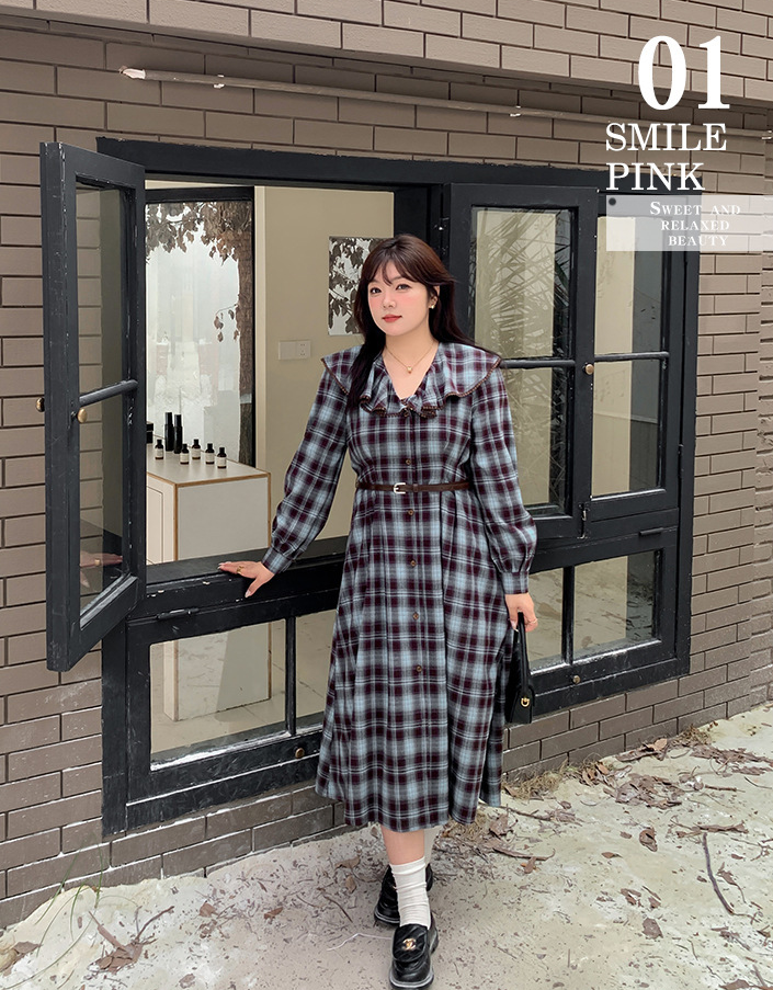大きいサイズ レディース ラペルチェック柄ボタンダウンベルト付きワンピース LL 3L 4L 5L
