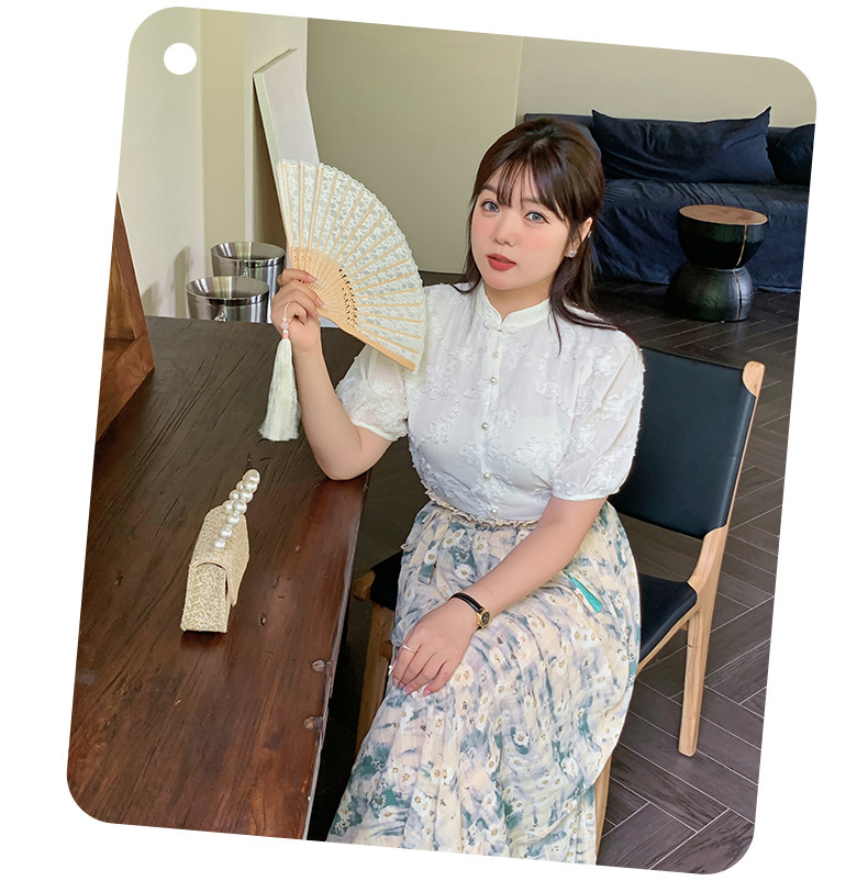 大きいサイズ レディース レトロチャイナ風ジャガードシフォン半袖シャツ LL 3L 4L 5L