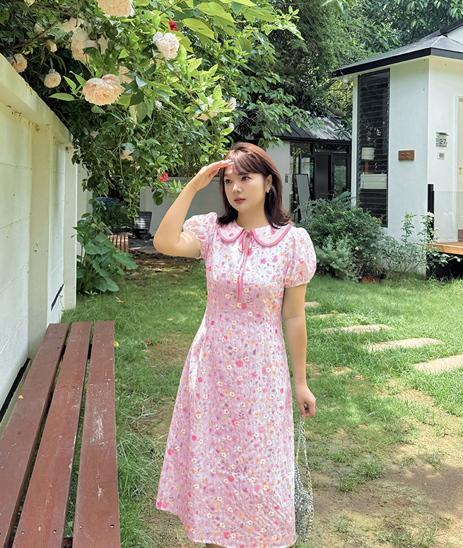 大きいサイズ レディース ドールカラーリボン小花柄プリント刺繍ワンピース LL 3L 4L 5L