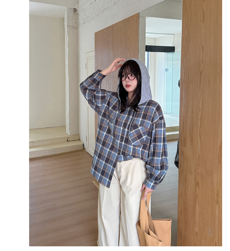 大きいサイズ レディース フード付きフェイクツーピースカジュアルチェックシャツ LL 3L 4L 5L