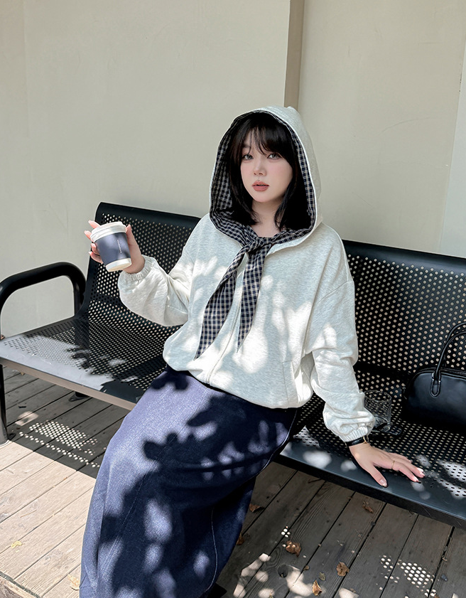 大きいサイズ レディース チェック柄リボンカジュアルパーカージャケット LL 3L 4L 5L