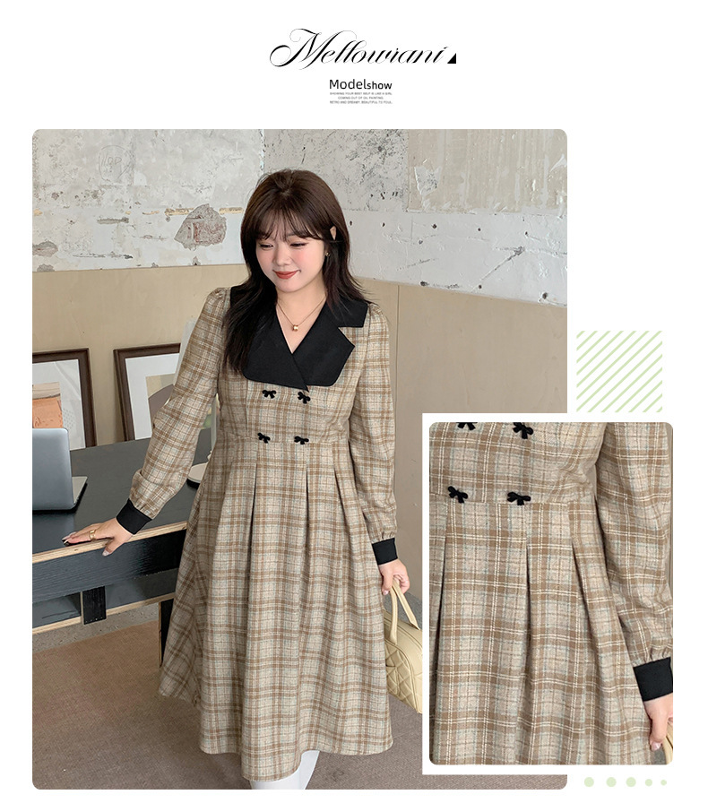 大きいサイズ レディース ブラックラペルフロックリボンチェック柄プリーツワンピース LL 3L 4L 5L