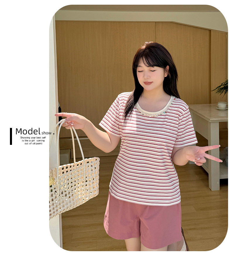 大きいサイズ レディース クルーネックストーン飾りストライプ半袖Tシャツ LL 3L 4L 5L