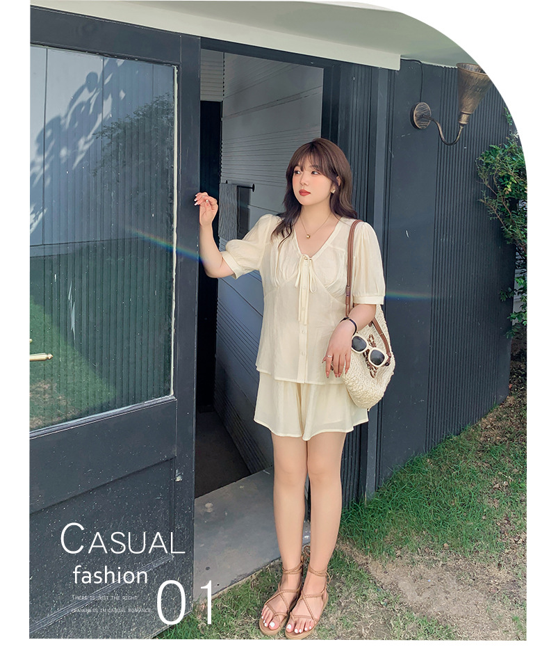 大きいサイズ レディース リボンフレンチセットアップ(トップス+ショートスカートパンツ) LL 3L 4L 5L
