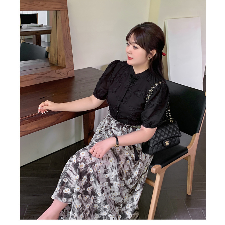 大きいサイズ レディース レトロチャイナ風ジャガードシフォン半袖シャツ LL 3L 4L 5L