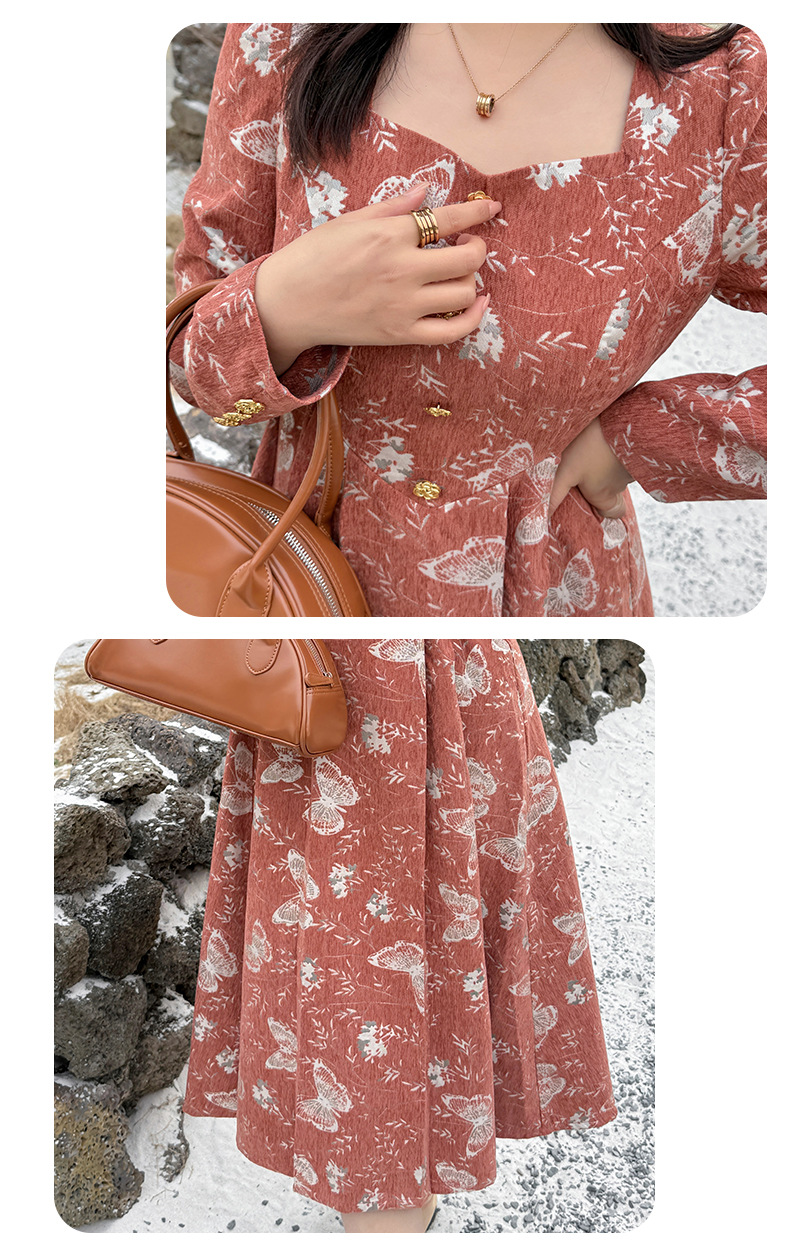 大きいサイズ レディース フレンチスクエアバタフライ刺繍ロングワンピース LL 3L 4L 5L