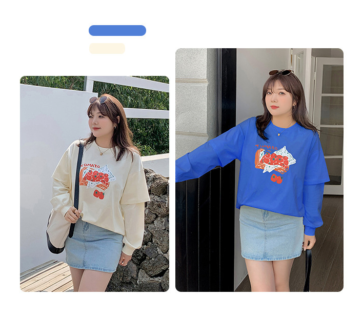 大きいサイズ レディース ラウンドネックフェイクツーピースTシャツ LL 3L 4L 5L
