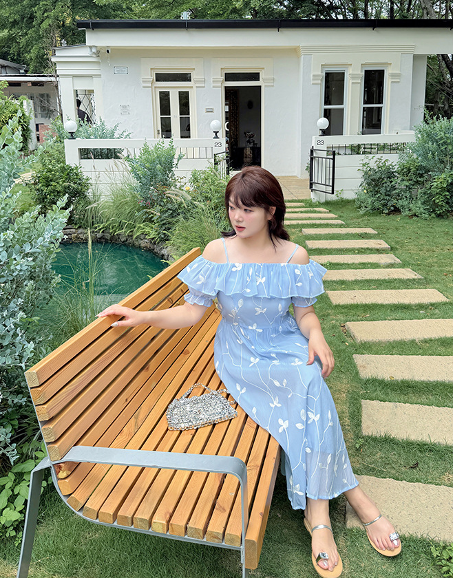 大きいサイズ レディース フリルオフショルダー刺繍ワンピース LL 3L 4L 5L