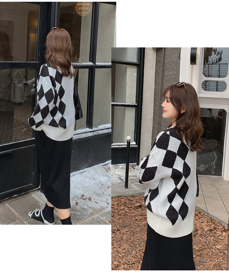 大きいサイズ レディース ラウンドネックレトロ小花ダイヤ柄プルオーバーセーター LL 3L 4L