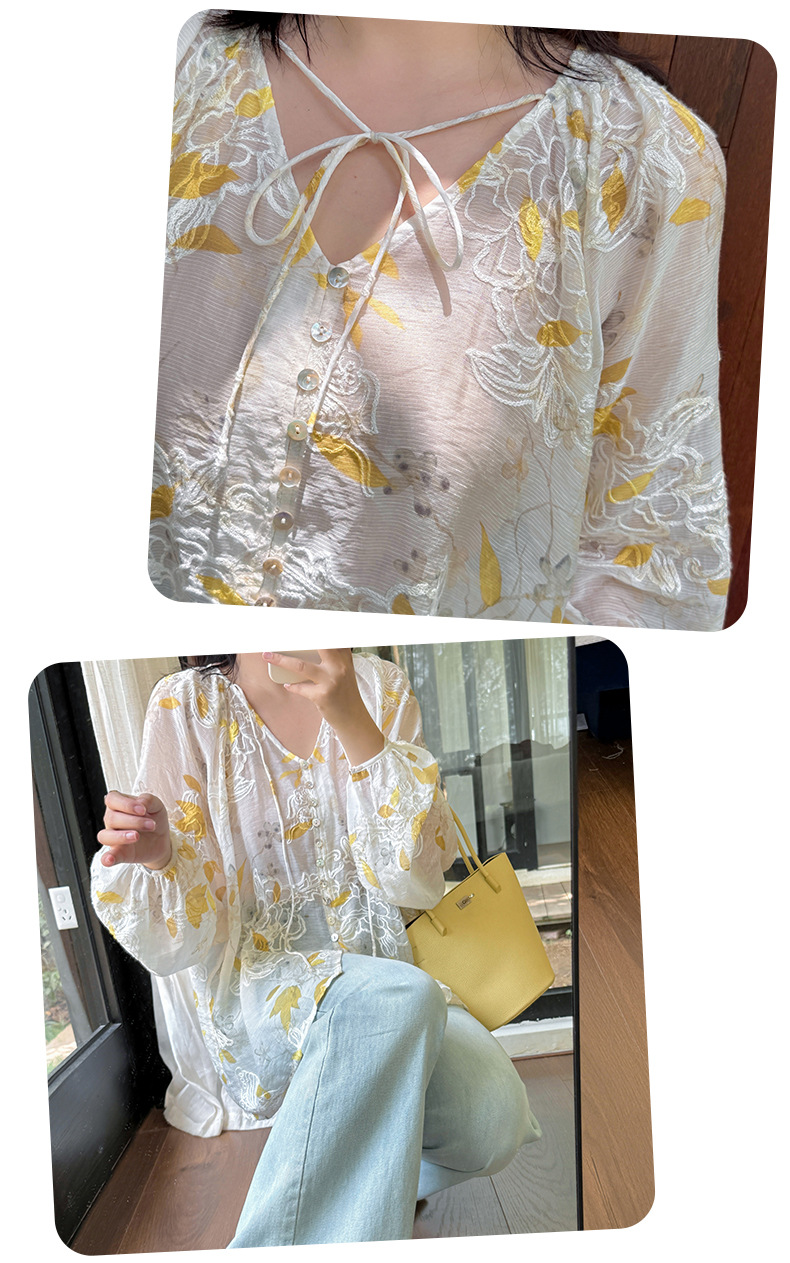 大きいサイズ レディース Vネック花柄のジャカード刺繍プリントブラウスシャツ LL 3L 4L 5L