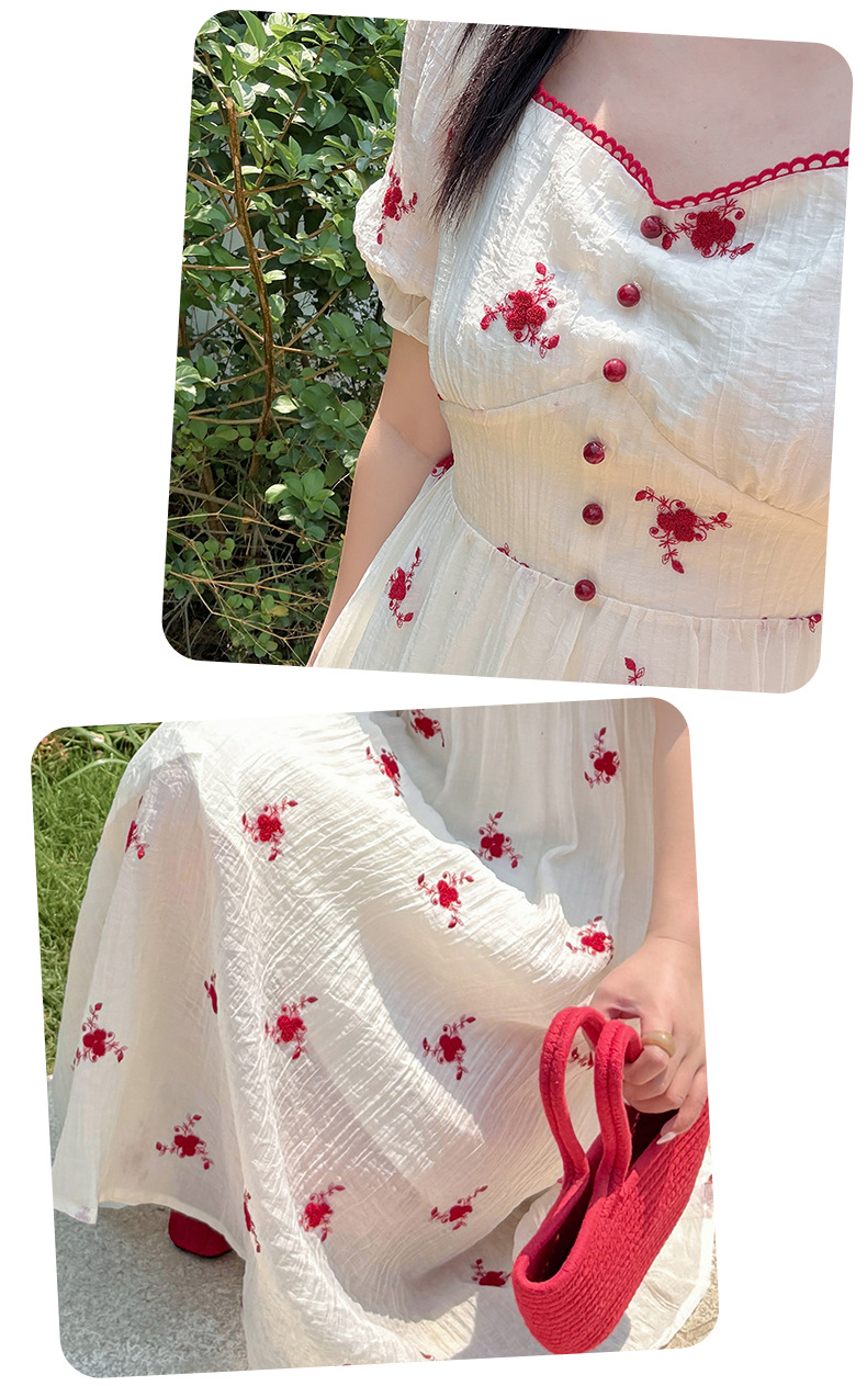 大きいサイズ レディース スクエアネック花刺繍フレンチワンピース LL 3L 4L 5L
