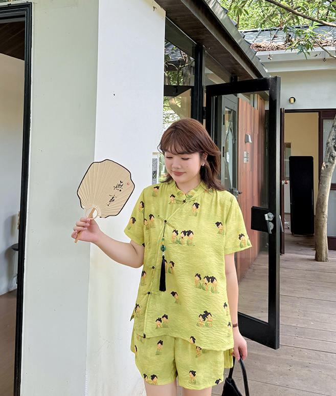 大きいサイズ レディース タッセルリボンチャイナ風プリントセットアップ(トップス&ショートパンツ) LL 3L 4L 5L