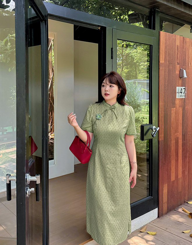 大きいサイズ レディース 花飾り付きリボンチャイナ風レトロジャガードドットワンピース LL 3L 4L 5L