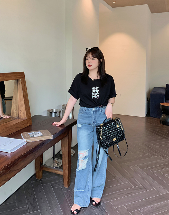 大きいサイズ レディース ハイウエストワイドレッグダメージデニム LL 3L 4L 5L