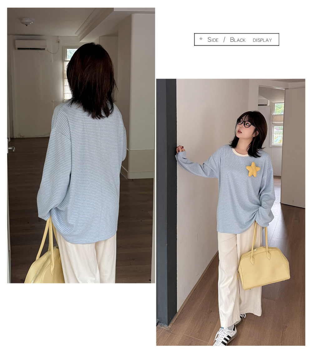 大きいサイズ レディース 星飾り付きラウンドネックニット長袖ストライプTシャツ LL 3L 4L 5L