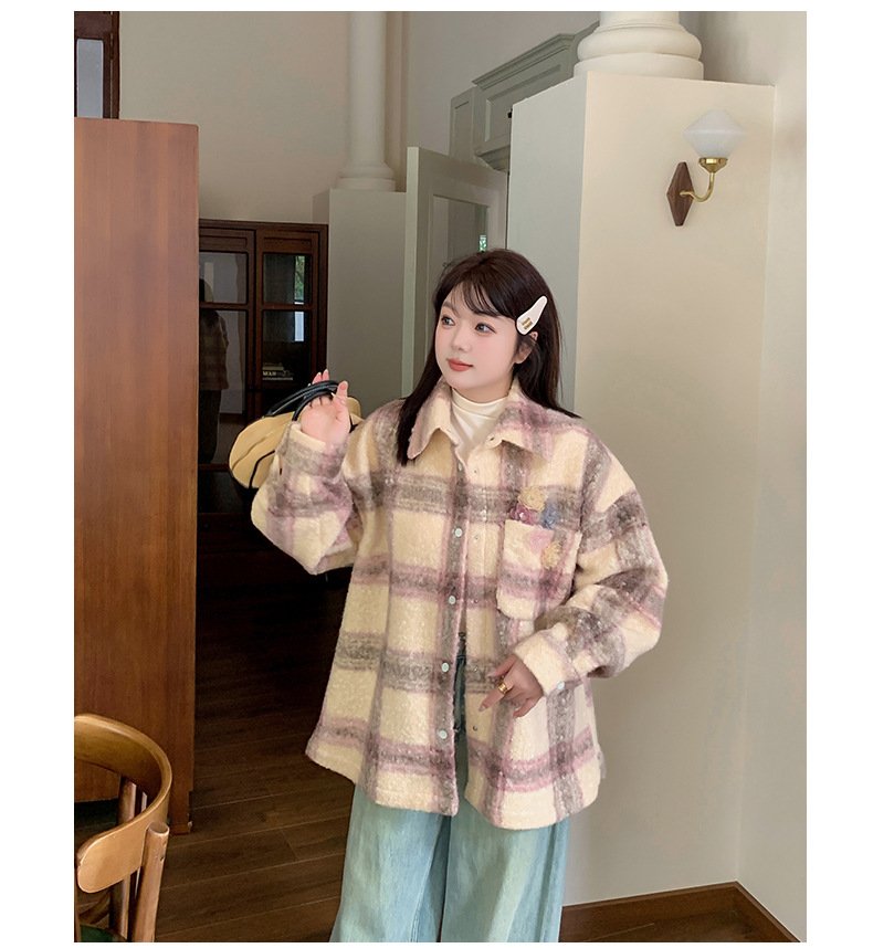大きいサイズ レディース シルクフラワー付き厚手チェック柄シャツジャケット LL 3L 4L