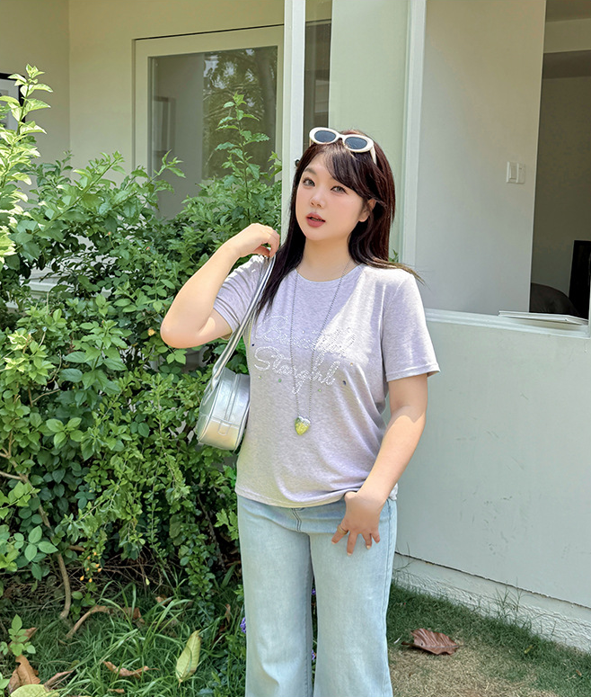 大きいサイズ レディース ビーズロゴ半袖カジュアルTシャツ LL 3L 4L 5L