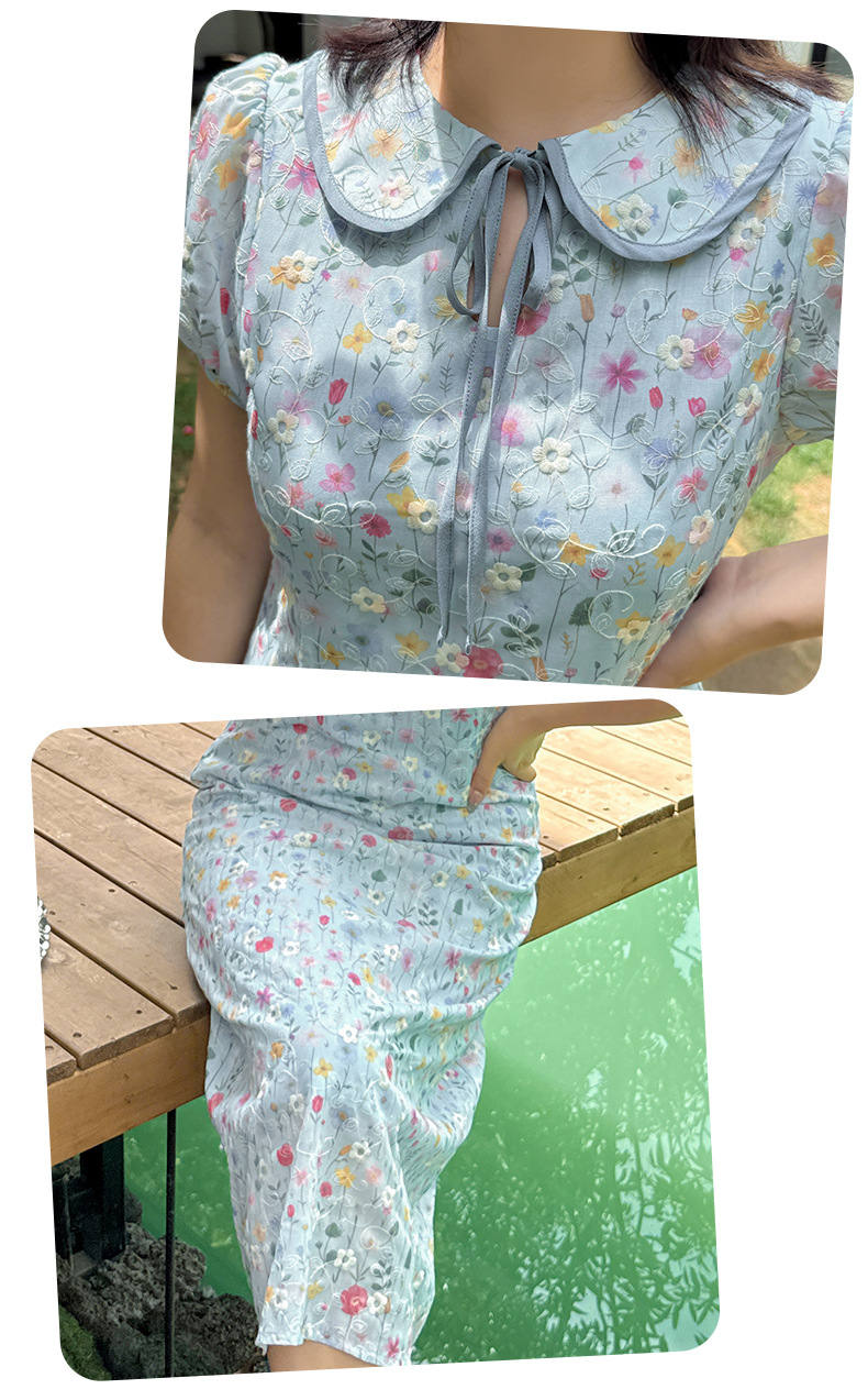 大きいサイズ レディース ドールカラーリボン小花柄プリント刺繍ワンピース LL 3L 4L 5L